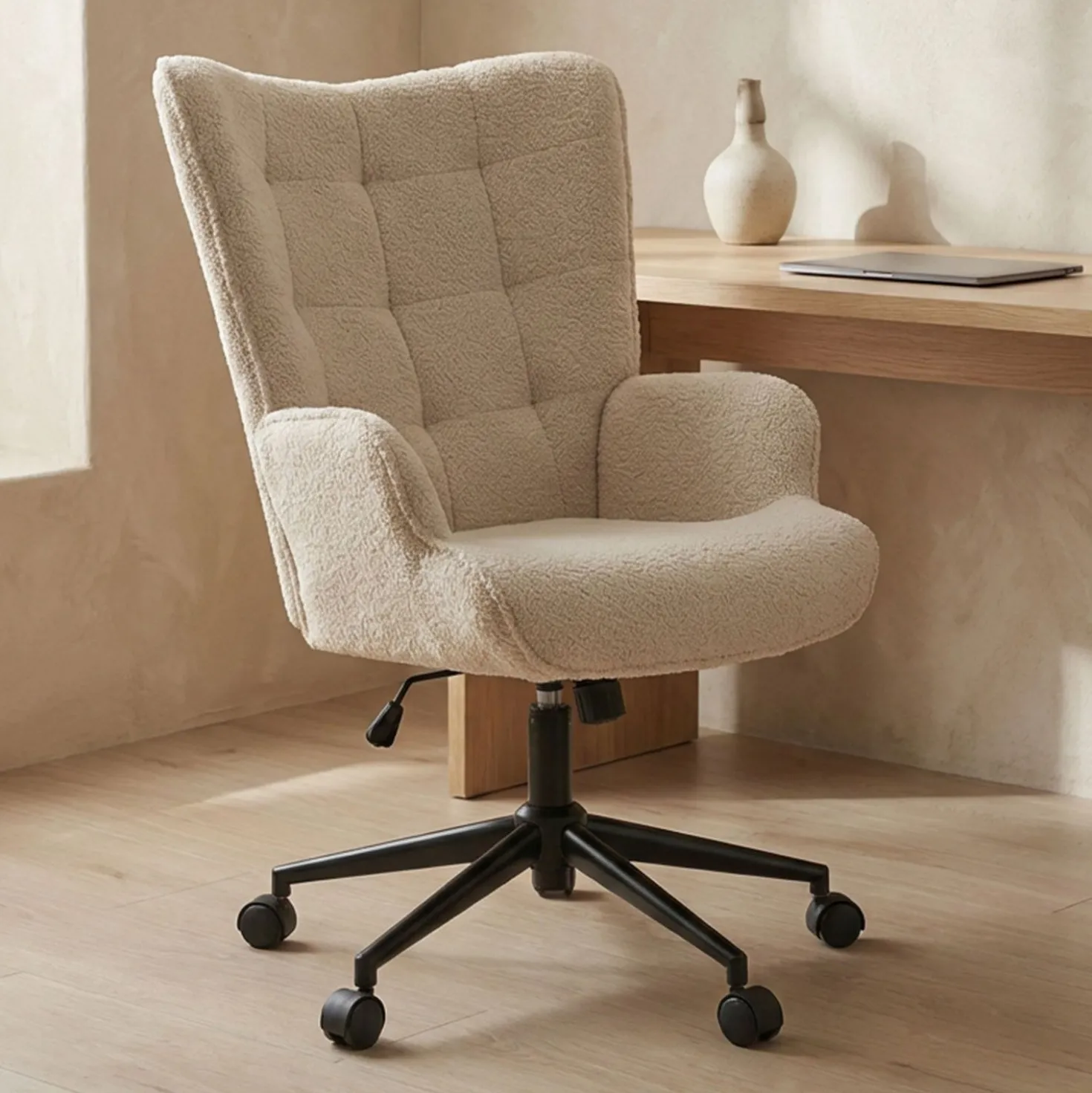Fauteuil de bureau moderne à haut dossier Florelo Tissu bouclette Beige