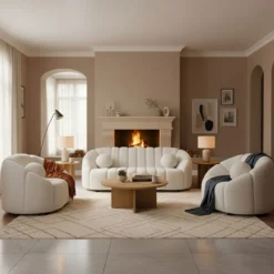 Fauteuil design arrondi Sidonie Tissu bouclette Blanc