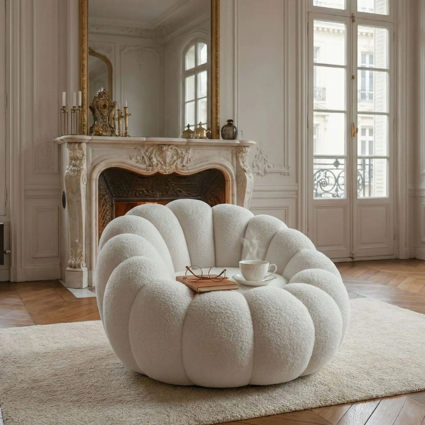 Fauteuil design coquillage Arielina Tissu bouclette Blanc