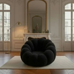 Fauteuil design coquillage Arielina Tissu bouclette Noir