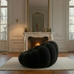 Fauteuil design coquillage Arielina Tissu bouclette Noir