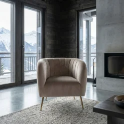 Fauteuil moderne Bombaro pieds métal doré et Velours Taupe