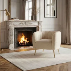 Fauteuil moderne Bombaro pieds métal doré et Tissu bouclette Beige