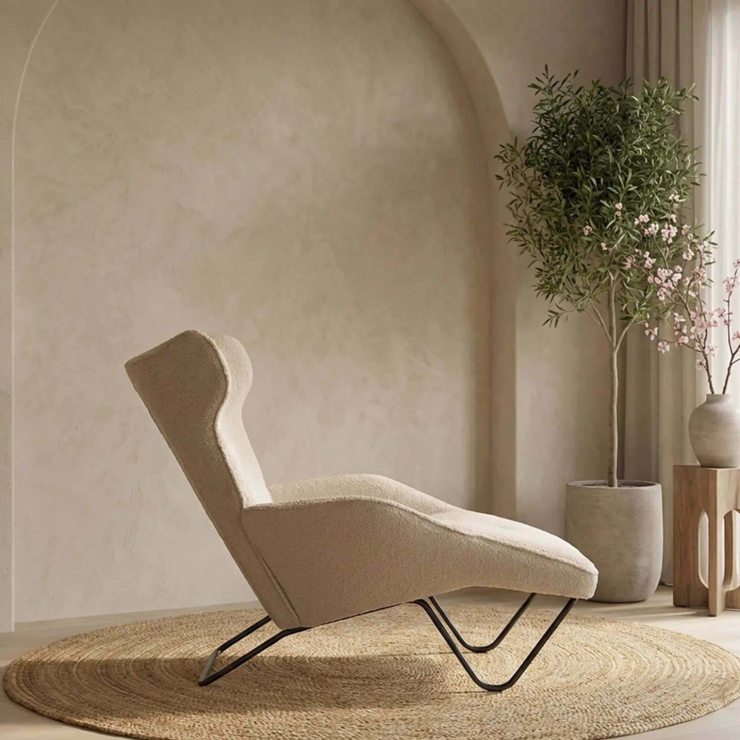 Fauteuil méridienne style bergère relax Shirley Tissu bouclette Beige