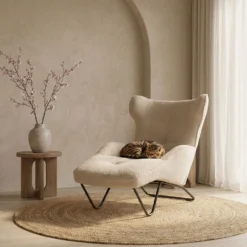 Fauteuil méridienne style bergère relax Shirley Tissu bouclette Beige