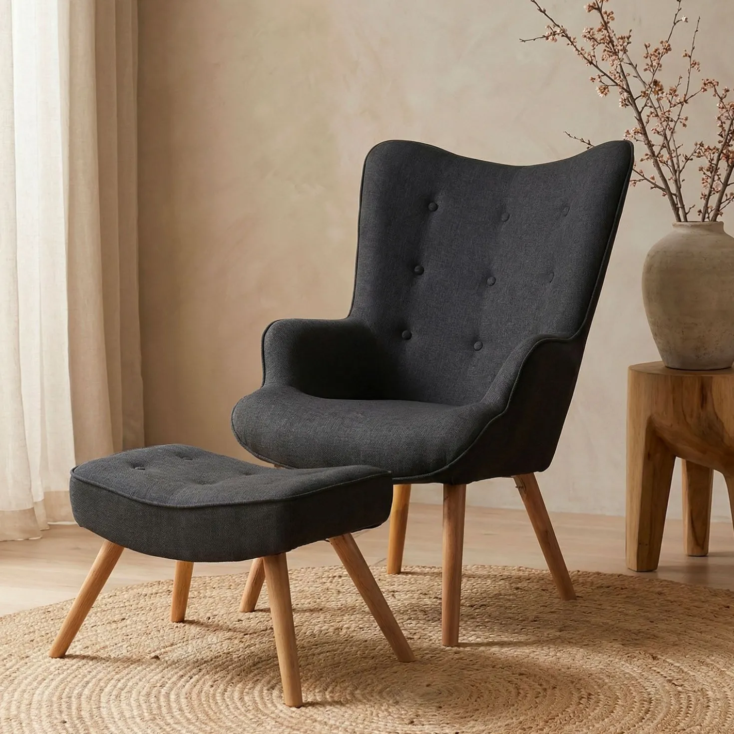 Fauteuil scandinave + pouf Lylou Tissu Noir