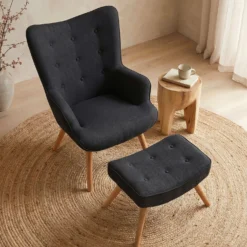Fauteuil scandinave + pouf Lylou Tissu Noir