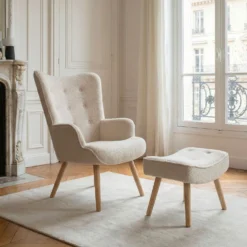 Fauteuil scandinave + pouf Lylou Tissu bouclette lainée Crème