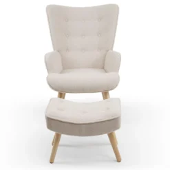 Fauteuil scandinave + pouf Lylou Tissu bouclette lainée Crème