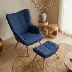 Fauteuil scandinave + pouf Lylou Tissu Bleu