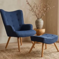 Fauteuil scandinave + pouf Lylou Tissu Bleu
