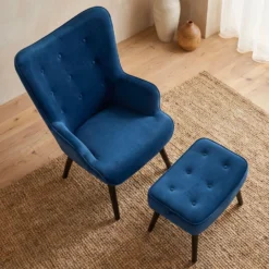 Fauteuil scandinave + pouf Lylou Velours Bleu