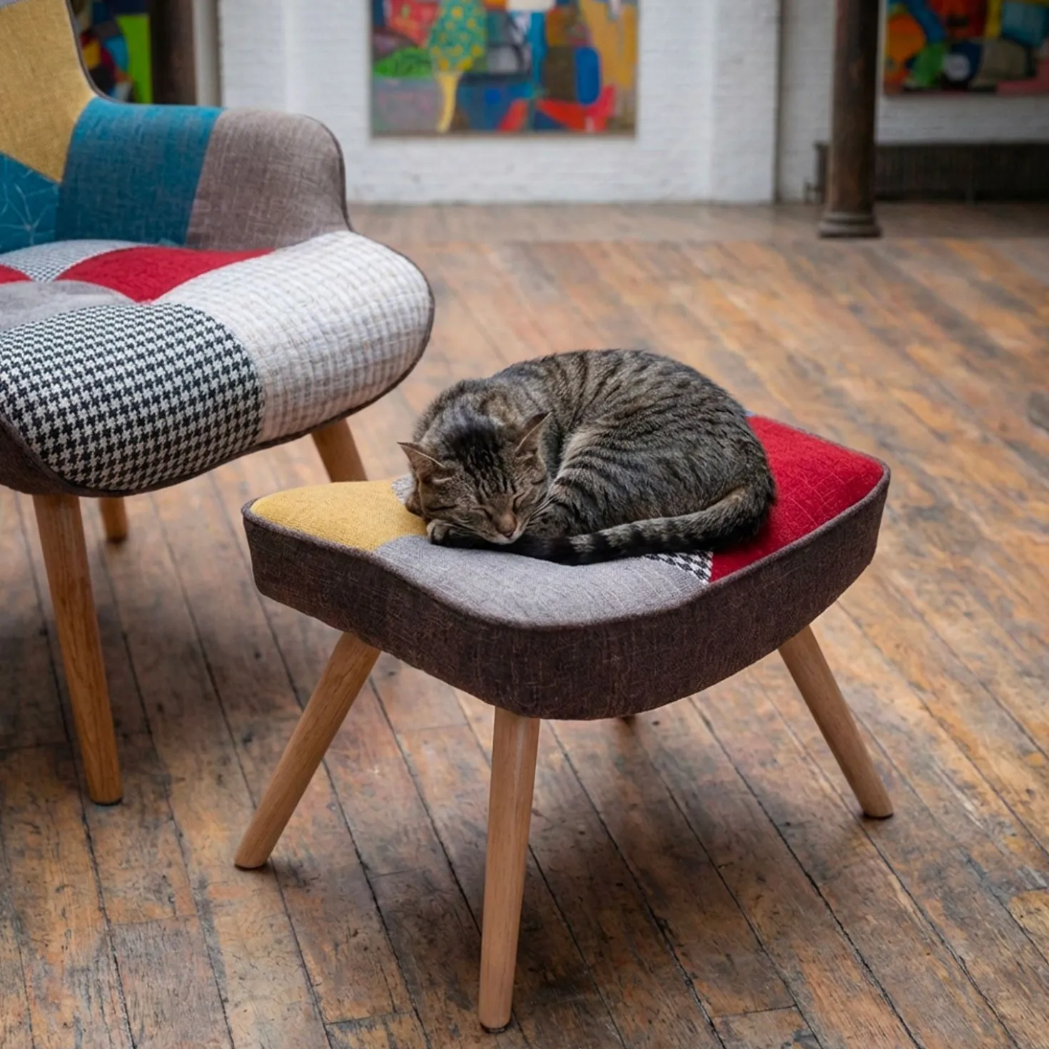 Fauteuil scandinave + pouf Lylou Tissu Patchwork