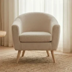 Fauteuil scandinave Savoy Tissu bouclette lainée Crème