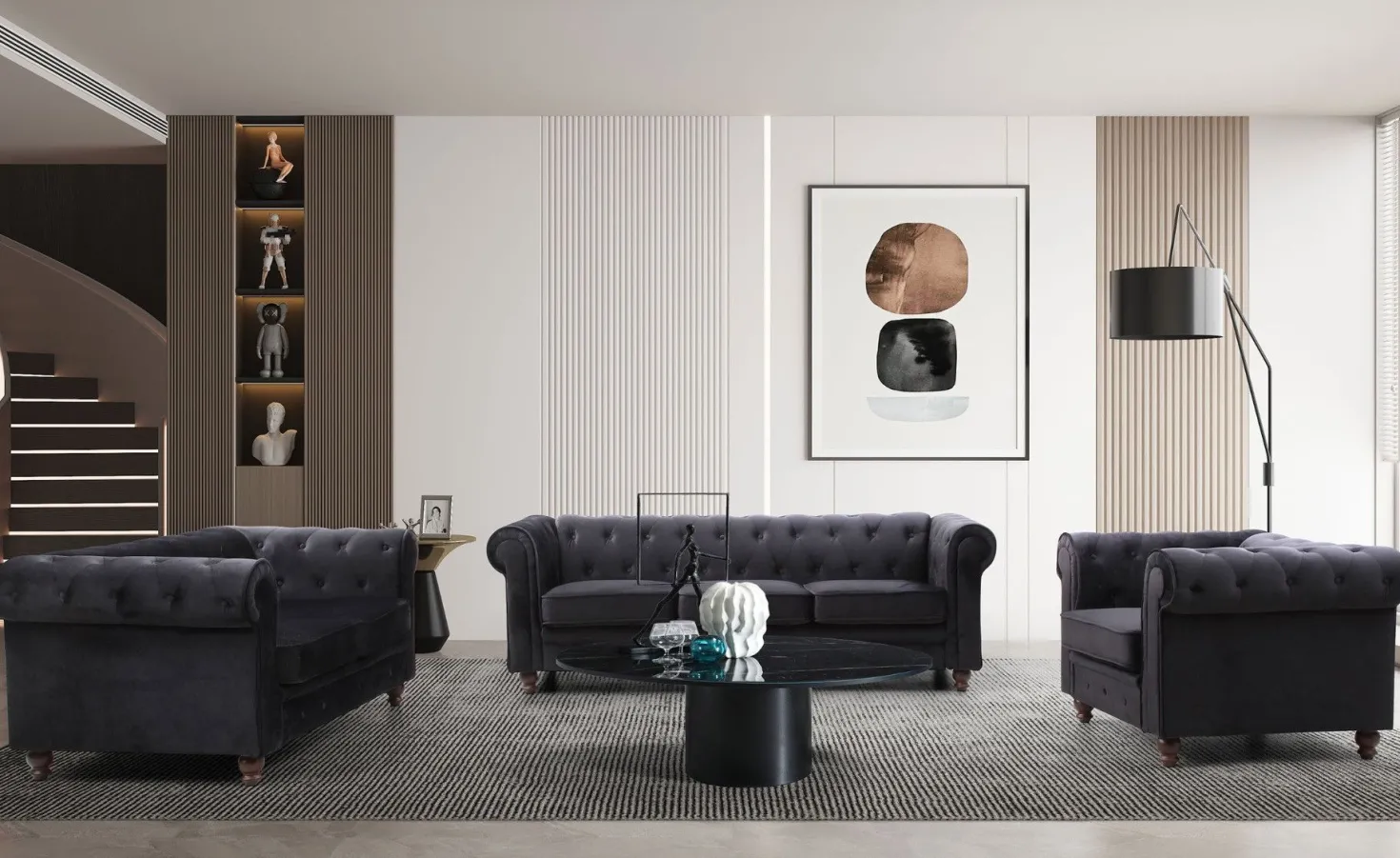 Grand canapé 3 places Chesterfield Velours Noir