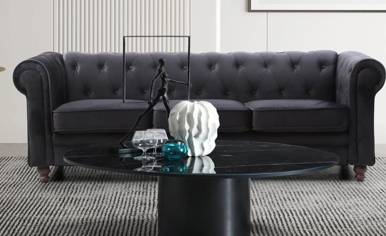 Grand canapé 3 places Chesterfield Velours Noir