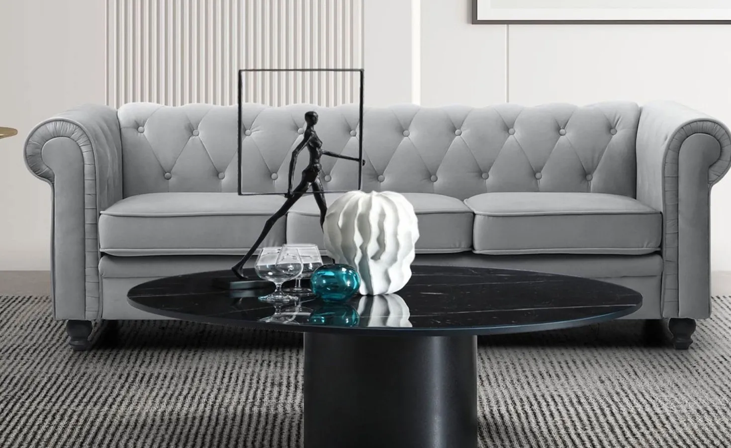Grand canapé 3 places Chesterfield Velours Argent