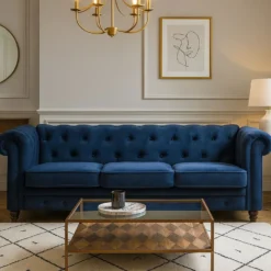 Grand canapé 3 places Chesterfield Velours Bleu