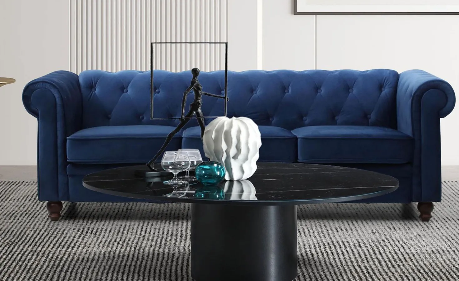 Grand canapé 3 places Chesterfield Velours Bleu
