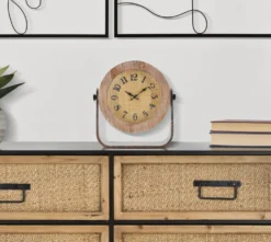 Horloge de table ronde en métal et bois marron