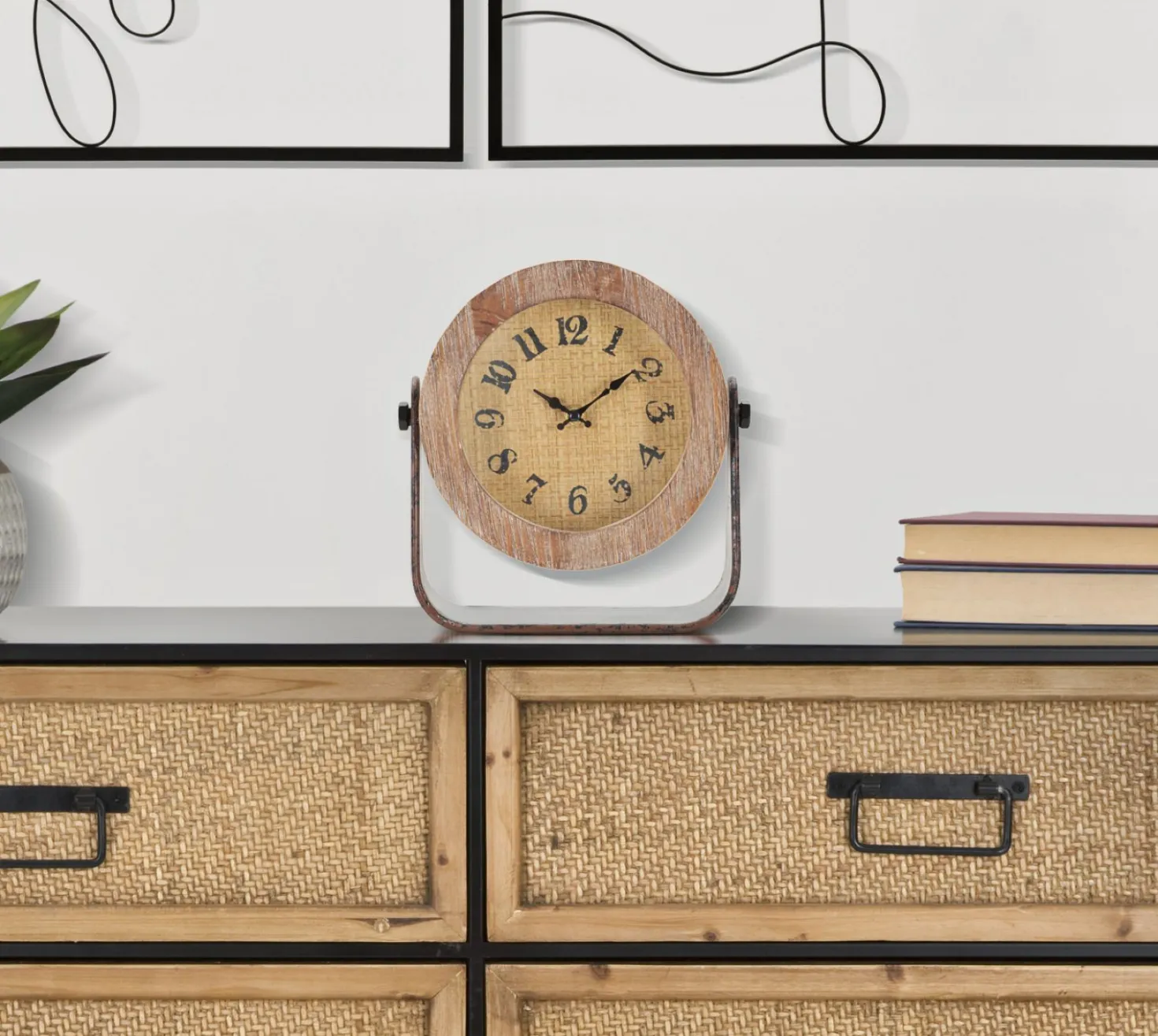 Horloge de table ronde en métal et bois marron