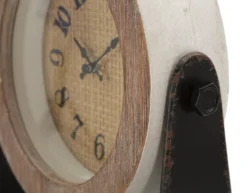 Horloge de table ronde en métal et bois marron