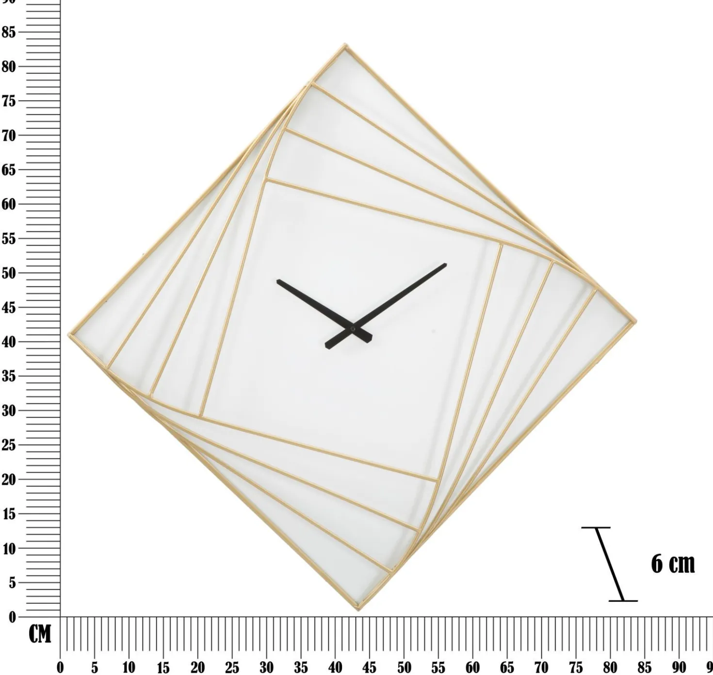 Horloge murale carrée métal doré et plastique blanc