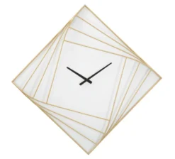 Horloge murale carrée métal doré et plastique blanc