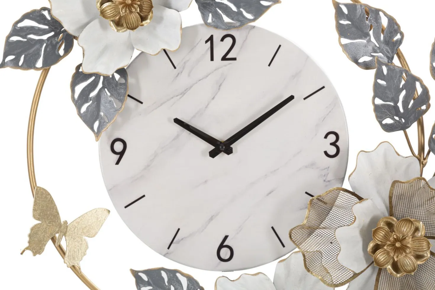 Horloge murale décorée fleurs et feuilles cadran marbre