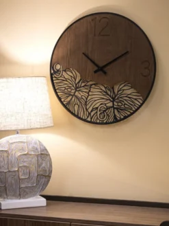 Horloge murale ronde Bois Métalisé décor feuille Noir Marron