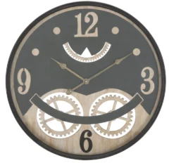 Horloge murale ronde décorative engrenages Fer M.D.F Noir et Brun