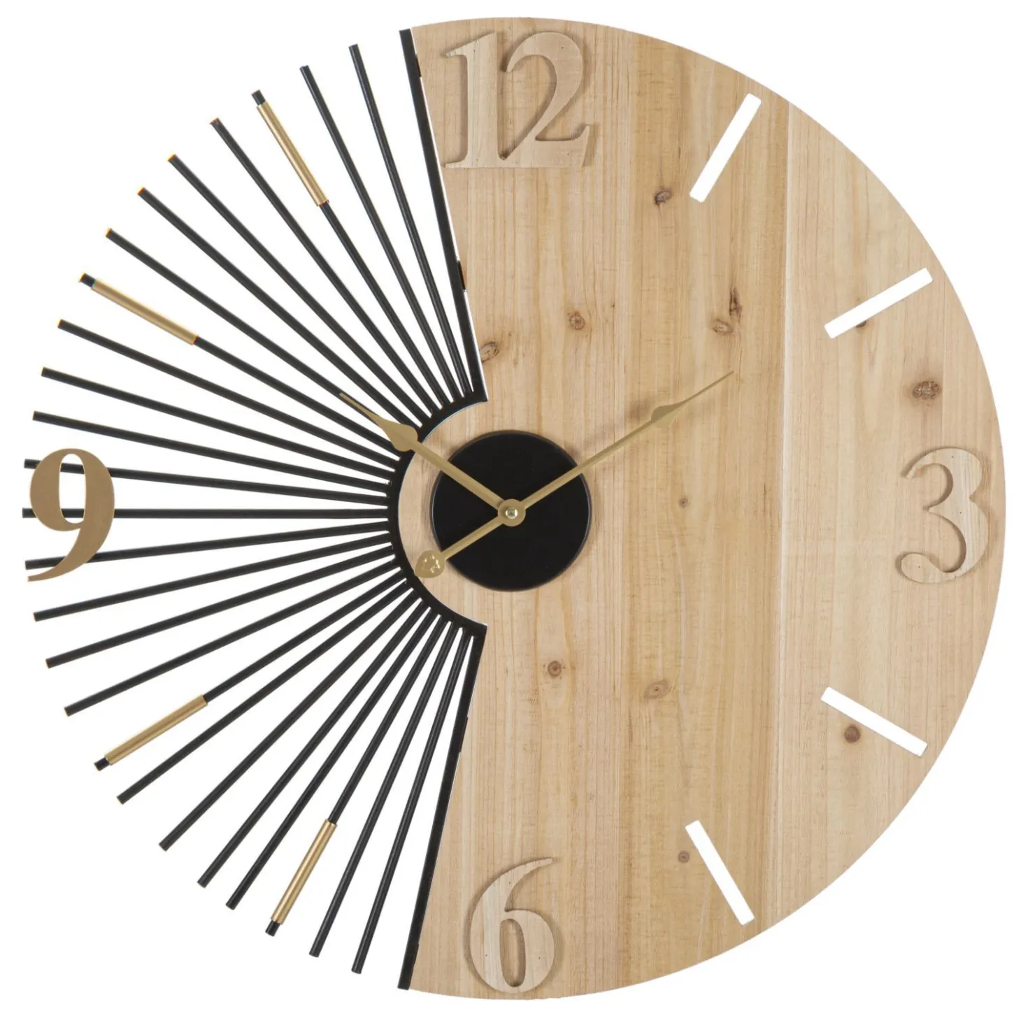 Horloge murale ronde en métal et M.D.F design rayons du soleil