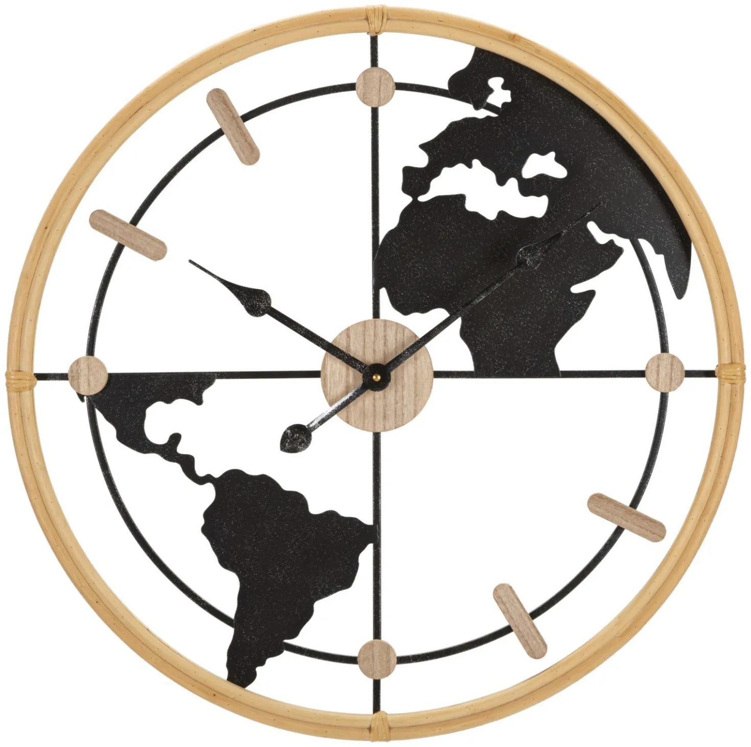 Horloge murale ronde Monde Métal Noir et M.D.F marron