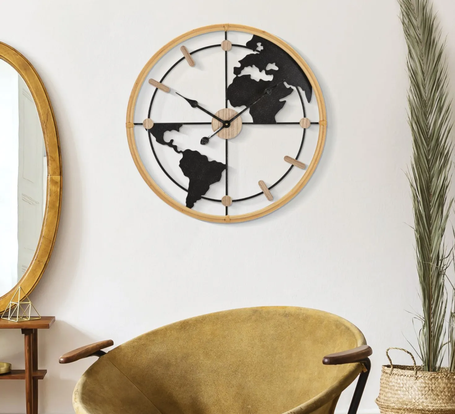 Horloge murale ronde Monde Métal Noir et M.D.F marron