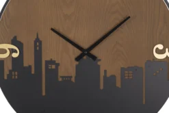 Horloge murale ronde métal et bois ligne d'horizon chiffres dorés