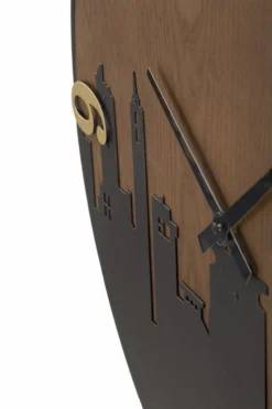 Horloge murale ronde métal et bois ligne d'horizon chiffres dorés