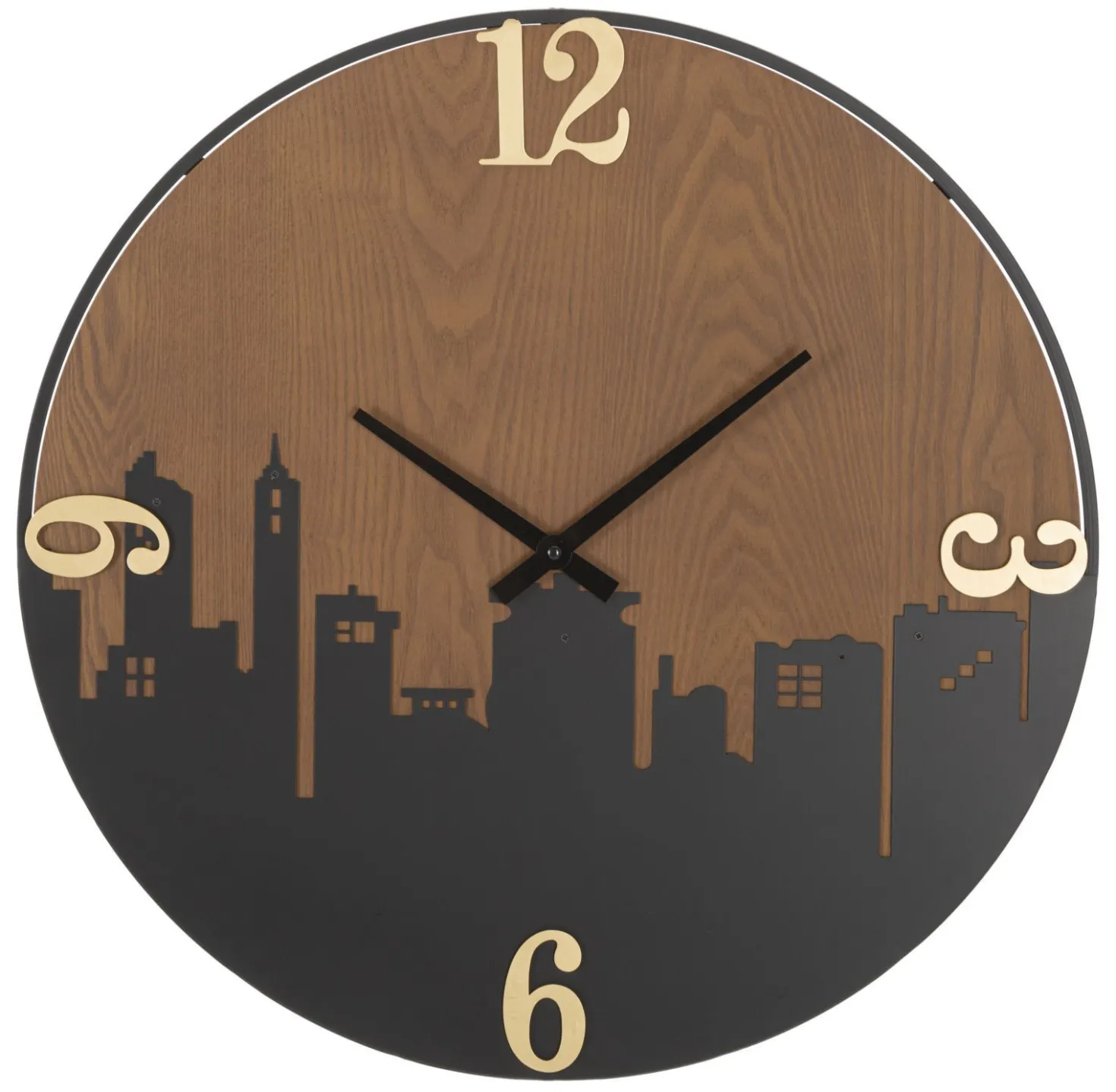 Horloge murale ronde métal et bois ligne d'horizon chiffres dorés