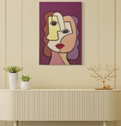 Impression murale visage cubiste toile encadrée bois massif couleurs vives