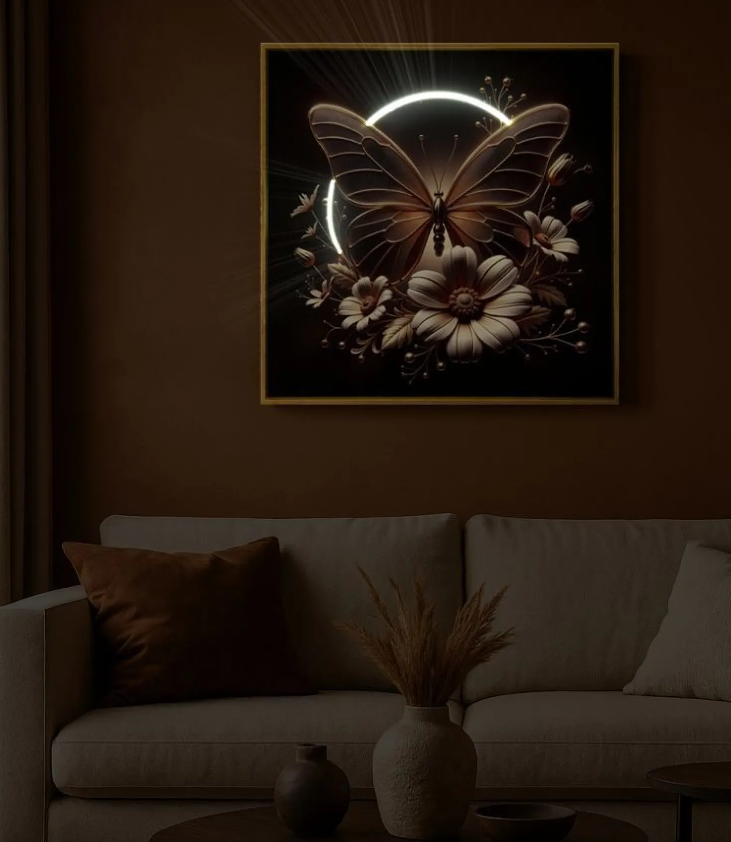 Impression sur toile Papillon doré LED cadre exécuté