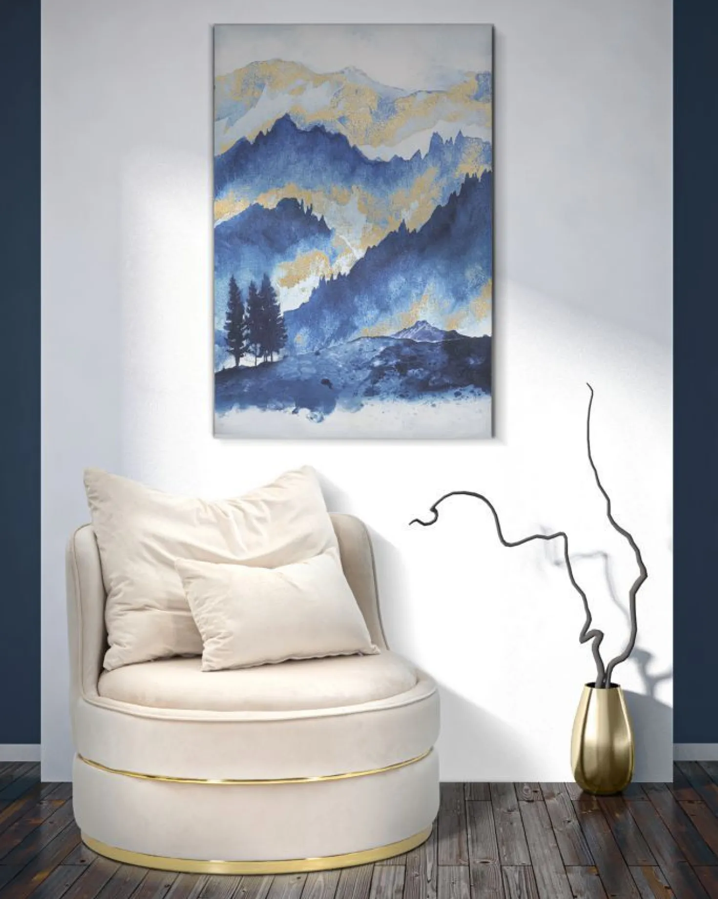 Impression toile paysage montagne encadrée en bois massif nuances de bleu embellissements dorés