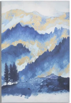 Impression toile paysage montagne encadrée en bois massif nuances de bleu embellissements dorés