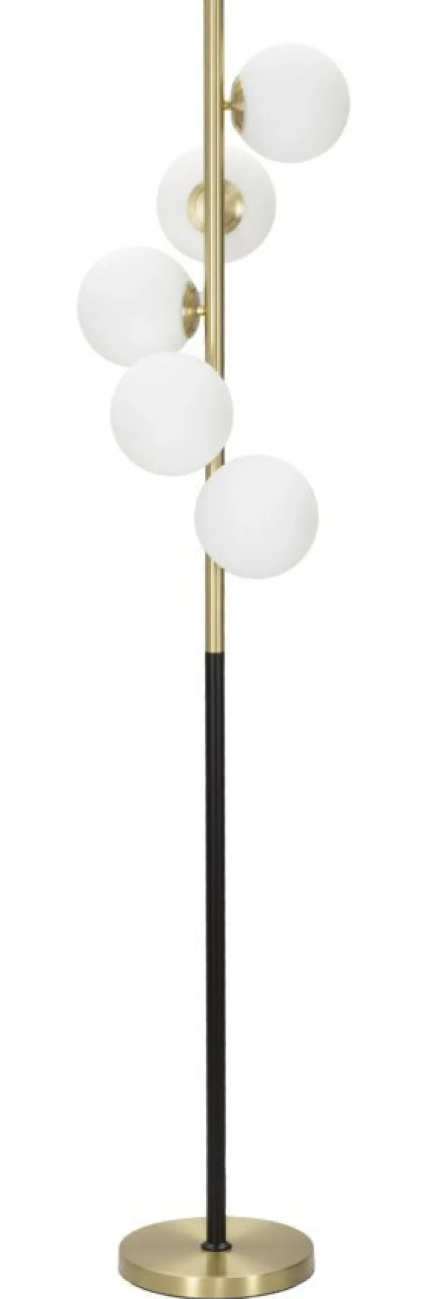 Lampadaire 5 lumières métal doré et noir avec sphères en verre blanc