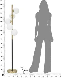 Lampadaire 5 lumières métal doré et noir avec sphères en verre blanc