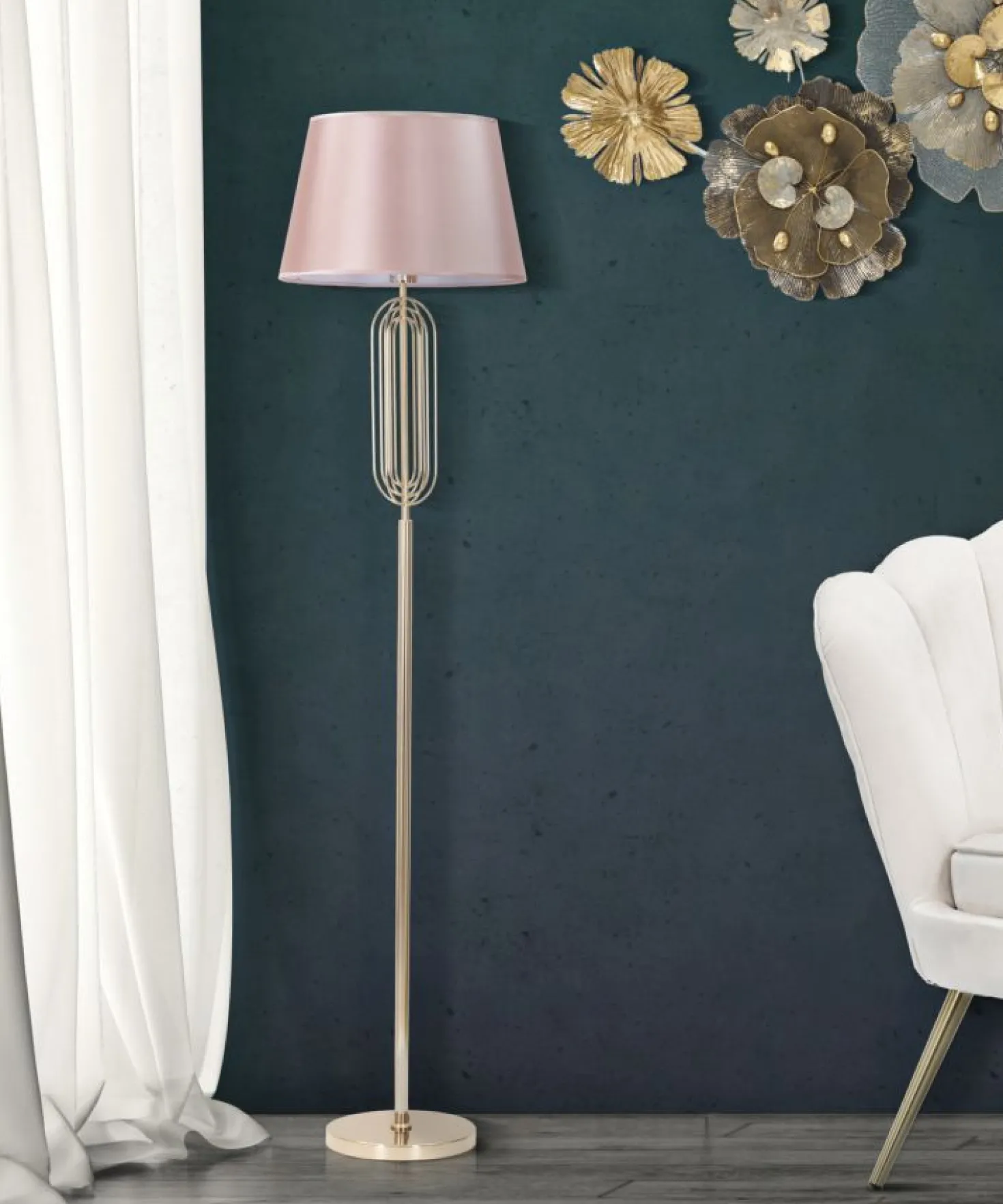 Lampe de sol Ovy métal doré abat-jour tissu rose
