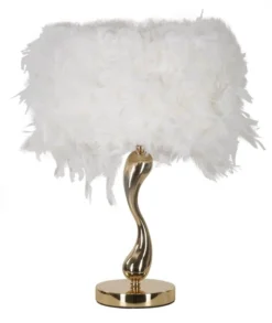 Lampe de table Chariot métal doré abat-jour plumes synthétiques Blanches