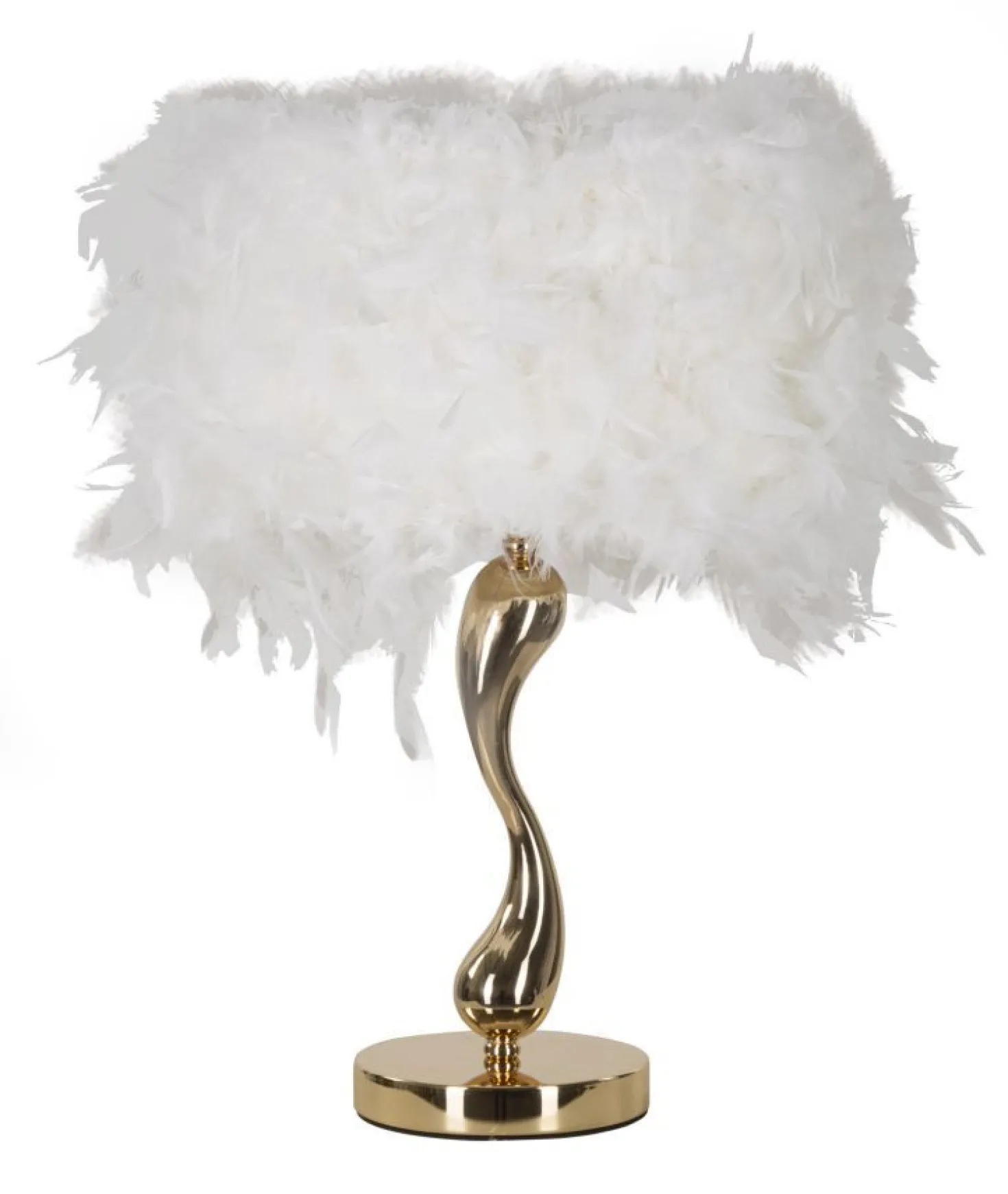 Lampe de table Chariot métal doré abat-jour plumes synthétiques Blanches