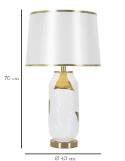Lampe de table Céramique Blanche feuilles Dorées abat-jour Tissu Blanc bords Dorés