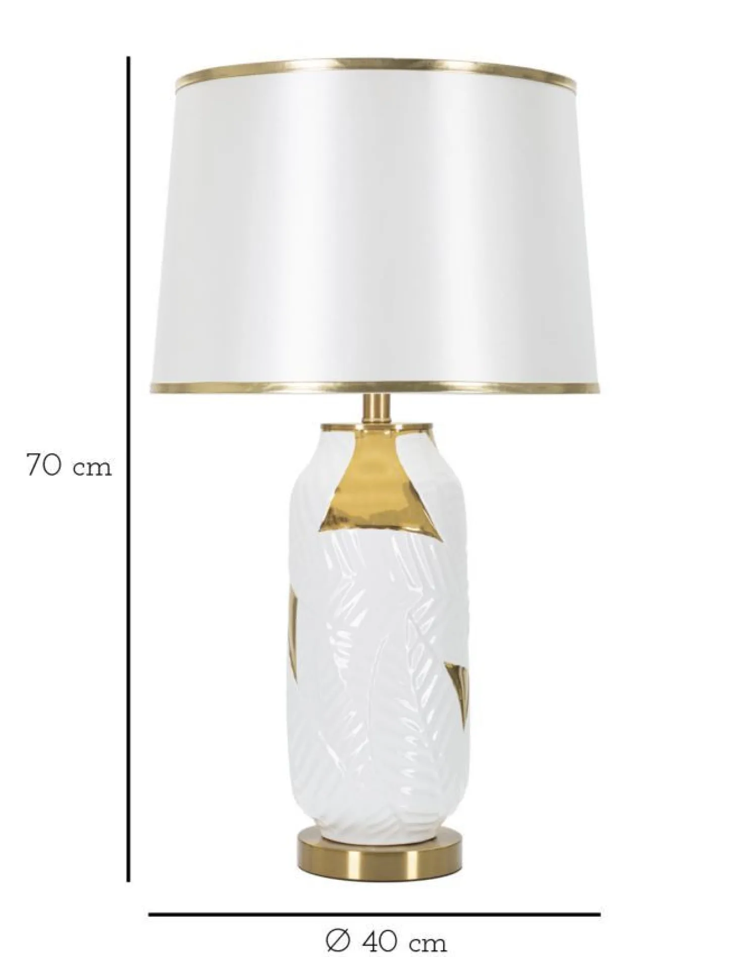 Lampe de table Céramique Blanche feuilles Dorées abat-jour Tissu Blanc bords Dorés