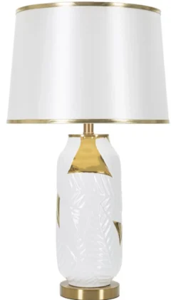Lampe de table Céramique Blanche feuilles Dorées abat-jour Tissu Blanc bords Dorés