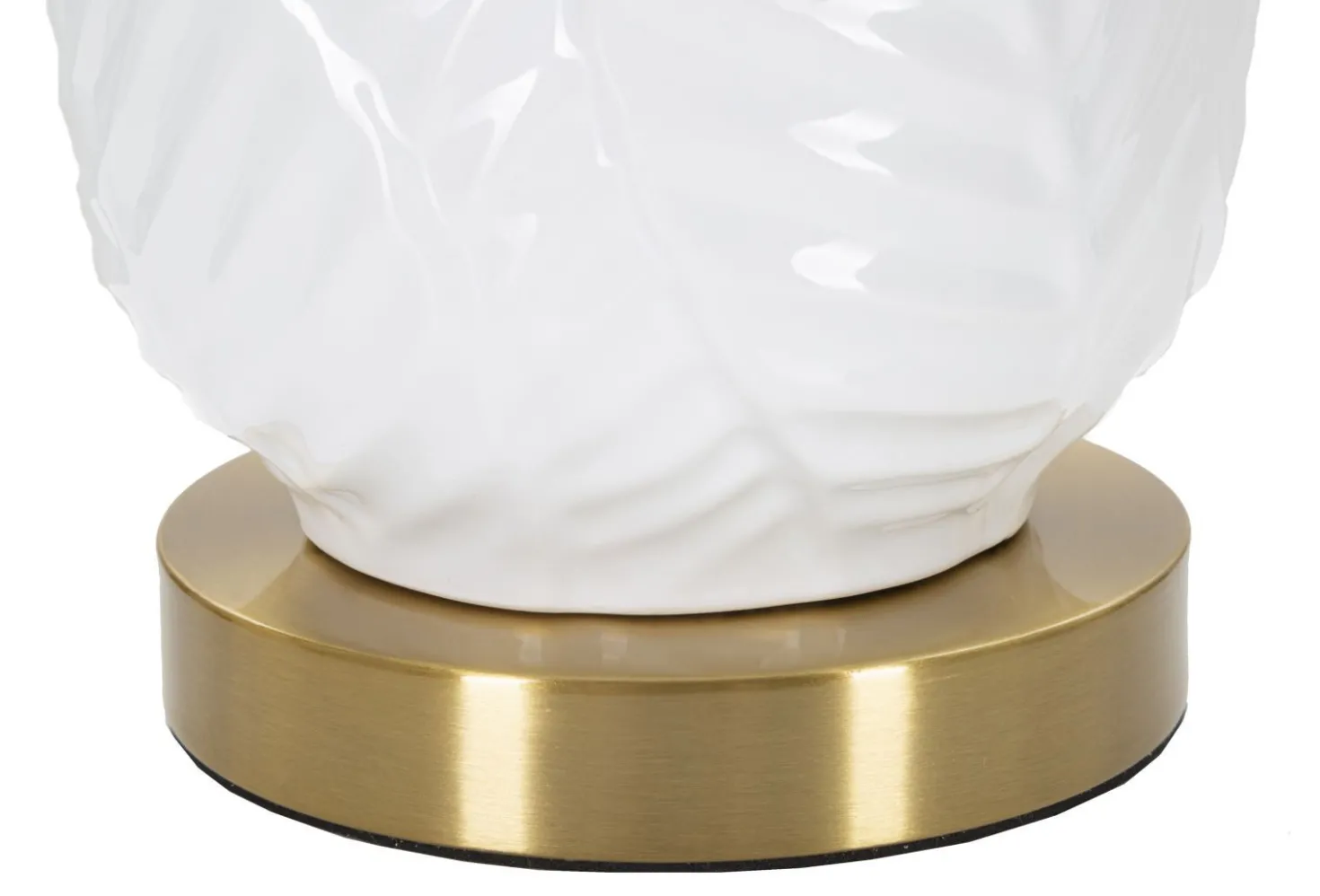 Lampe de table Céramique Blanche feuilles Dorées abat-jour Tissu Blanc bords Dorés